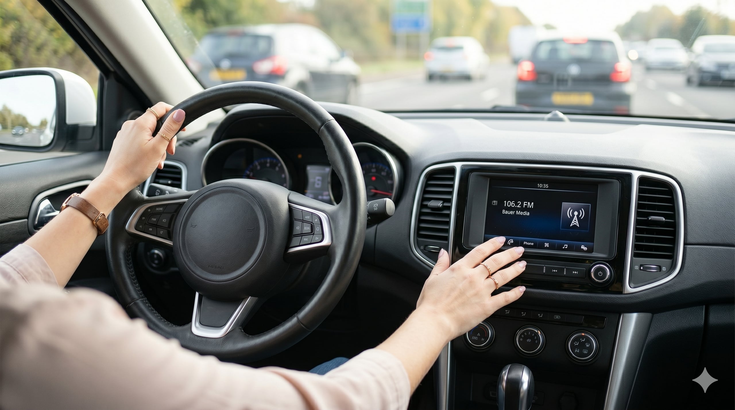 Driver's hands on steering wheel and touchscreen in car on highway with traffic ahead.
