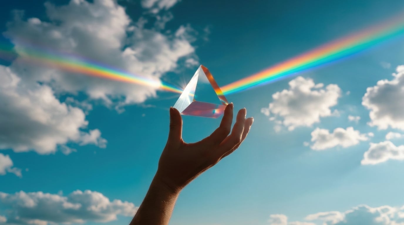 A hand holding a prism with rainbows against a blue sky and clouds.