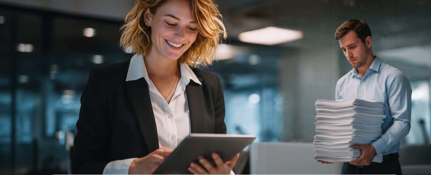 Person with business attire and feminine features using tablet computer and having relaxed and happy look on their face. On the background another person, with masculine characteristics, holding huge pile of papers and looking very unhappy.