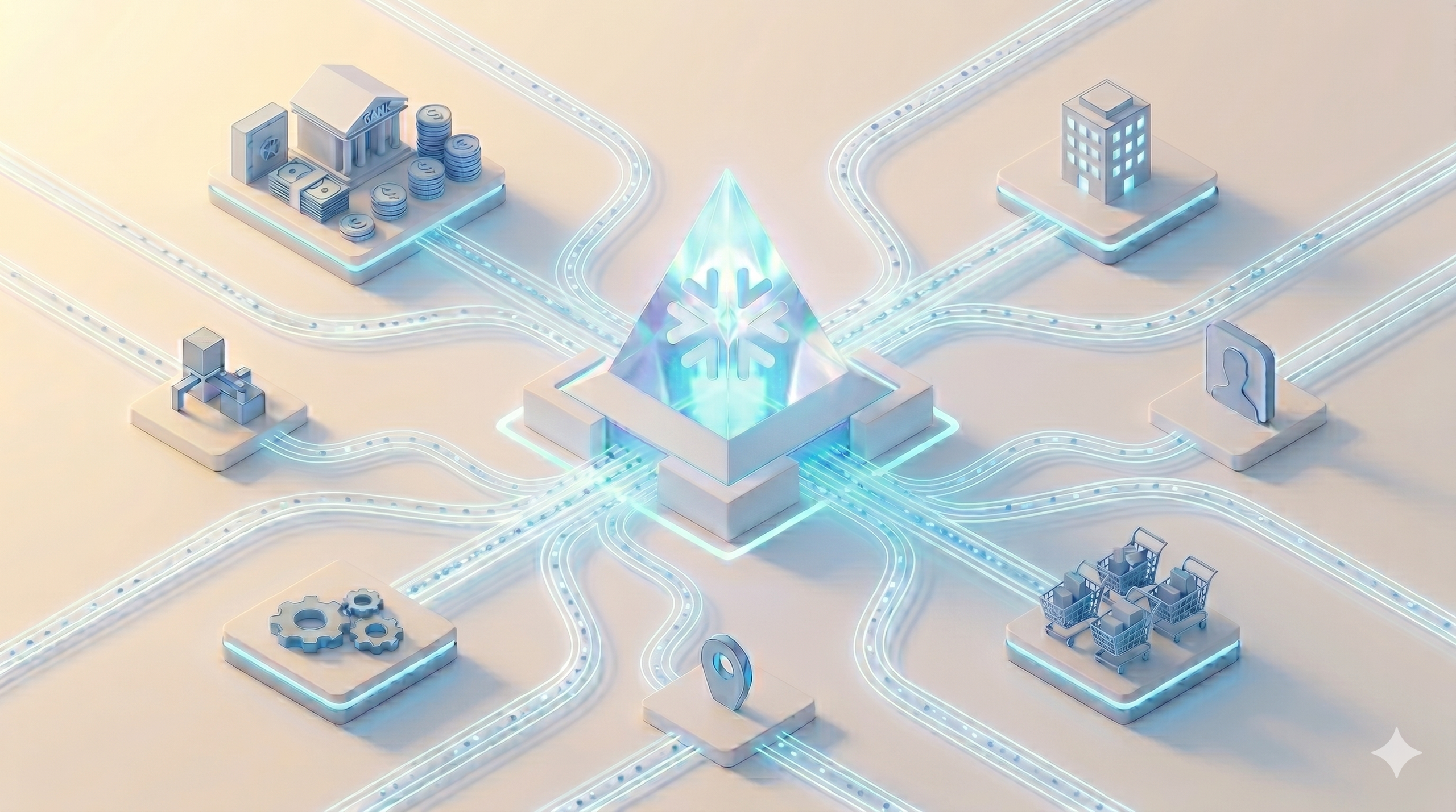 Isometric illustration of interconnected digital infrastructure with a glowing snowflake hub connecting multiple data sources.
