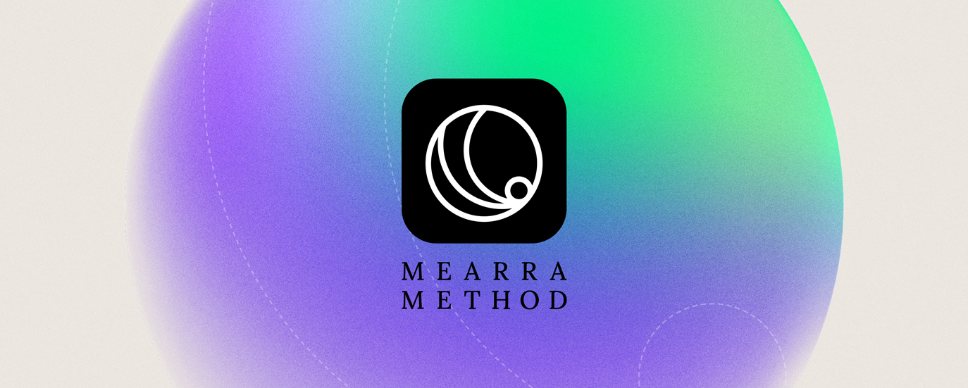 Mearra Method app icon with gradient background transitioning from purple to teal with circular moon-inspired logo