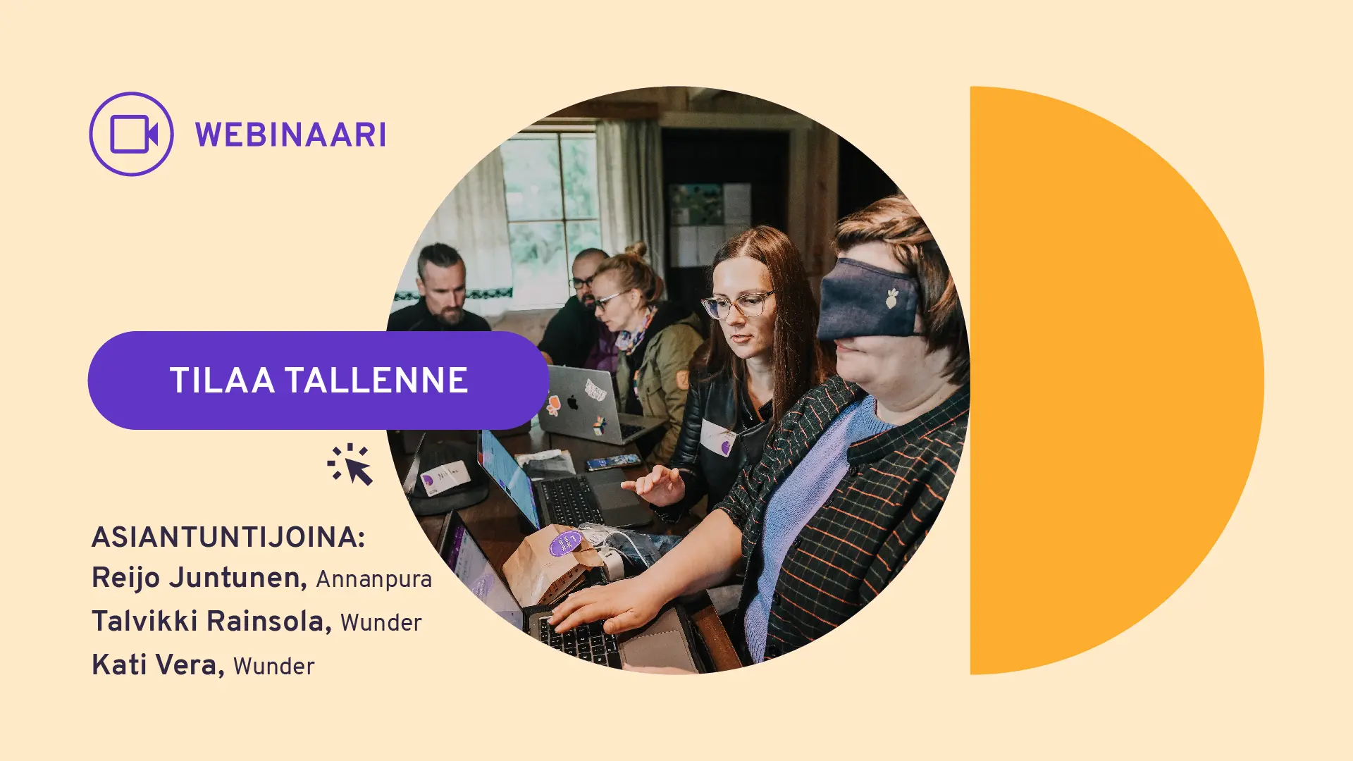 Saavutettavuutta kustannustehokkaasti -webinaarin promootiokuva, jossa teksti: Tilaa tallenne. Kuvituskuvassa kaksi henkilöä, joista toisella silmälaput ja hän käyttää näppäimistöä, toisen opastaessa ja toimiessa silminä.