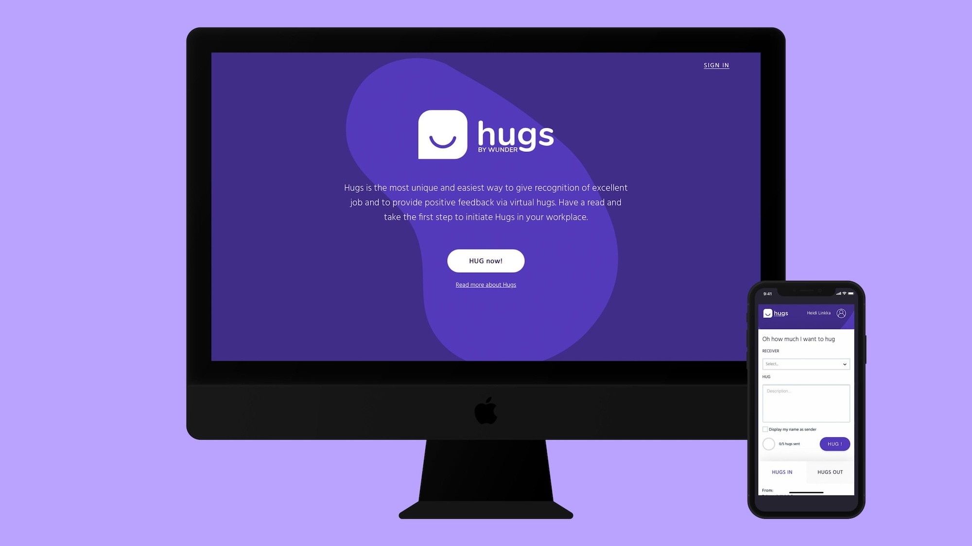 Hugs by Mearra, on desktop and mobile screen.