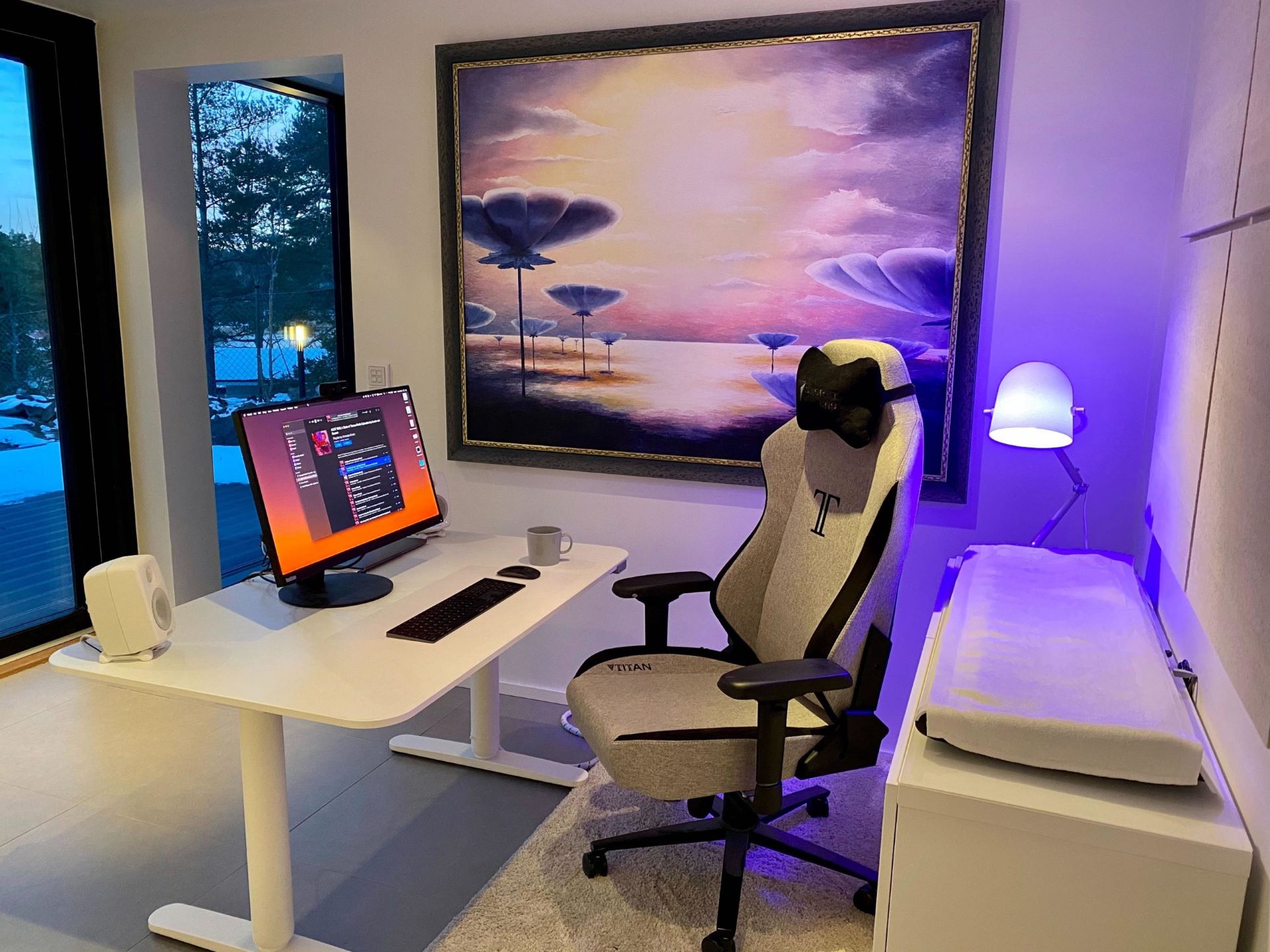 Remote work setup, including height adjustable table.