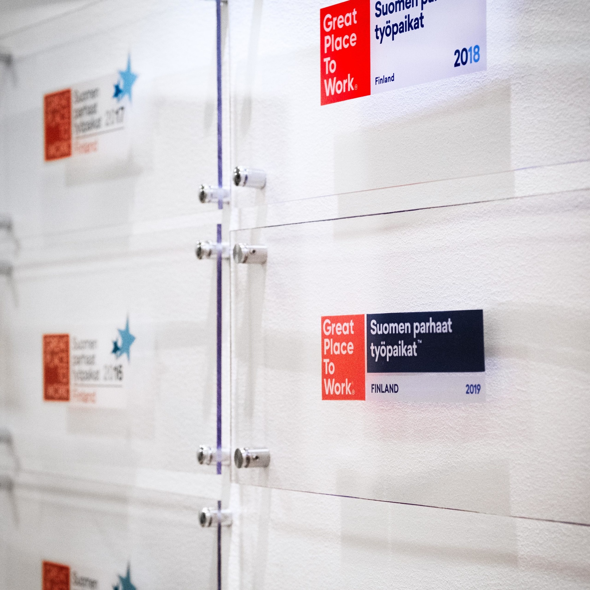 Great Place to Work -certificates on a wall
