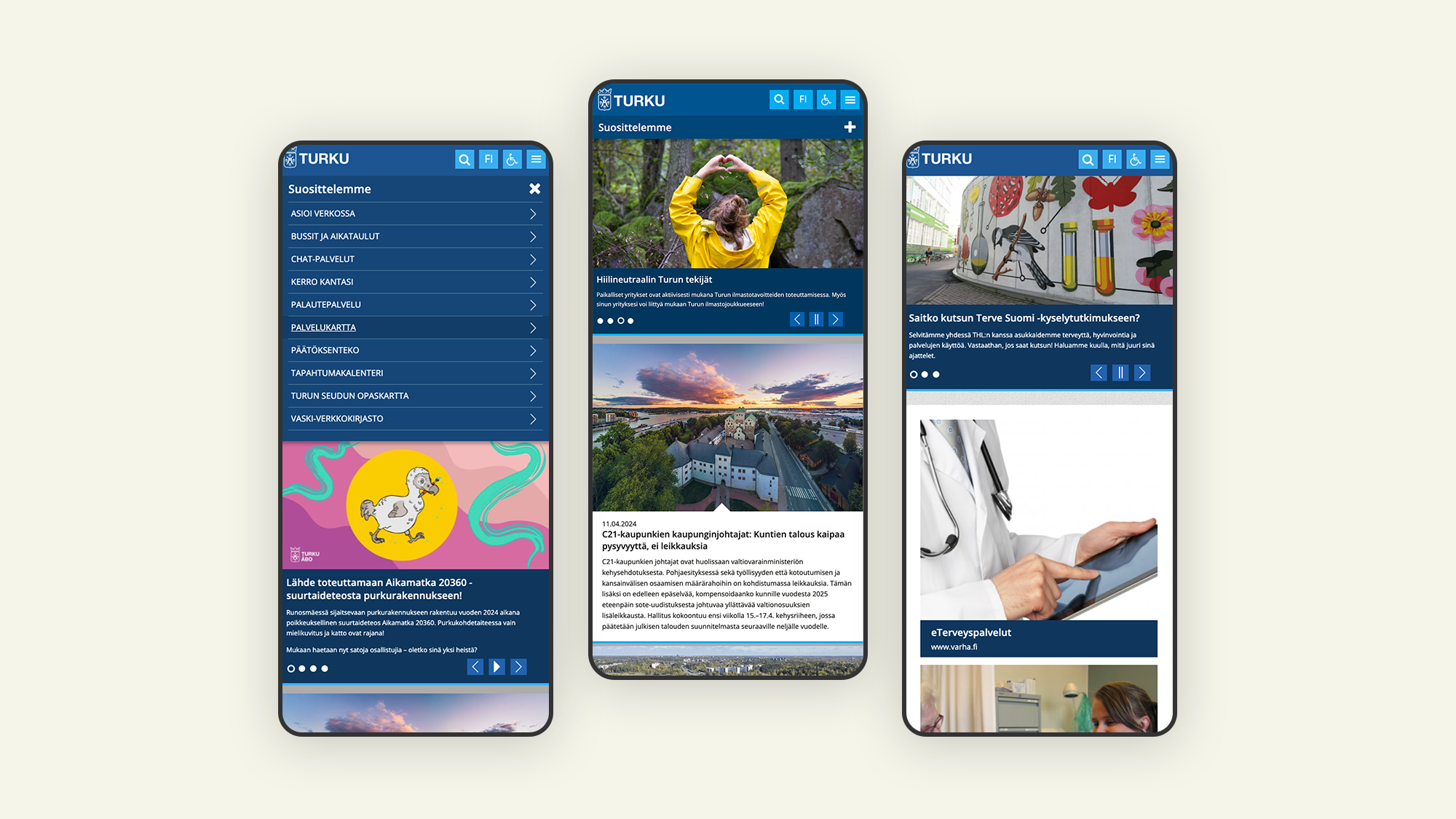 3 mobile screenshots of Turku city website