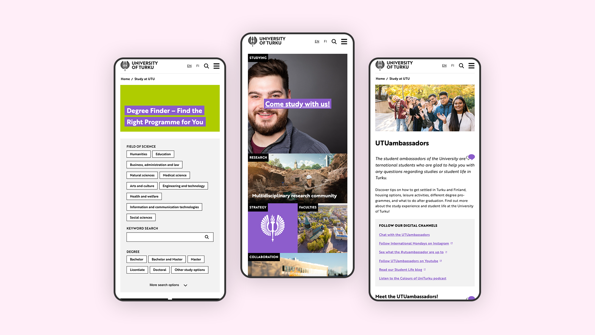 3 mobile screenshots of University of Turku website