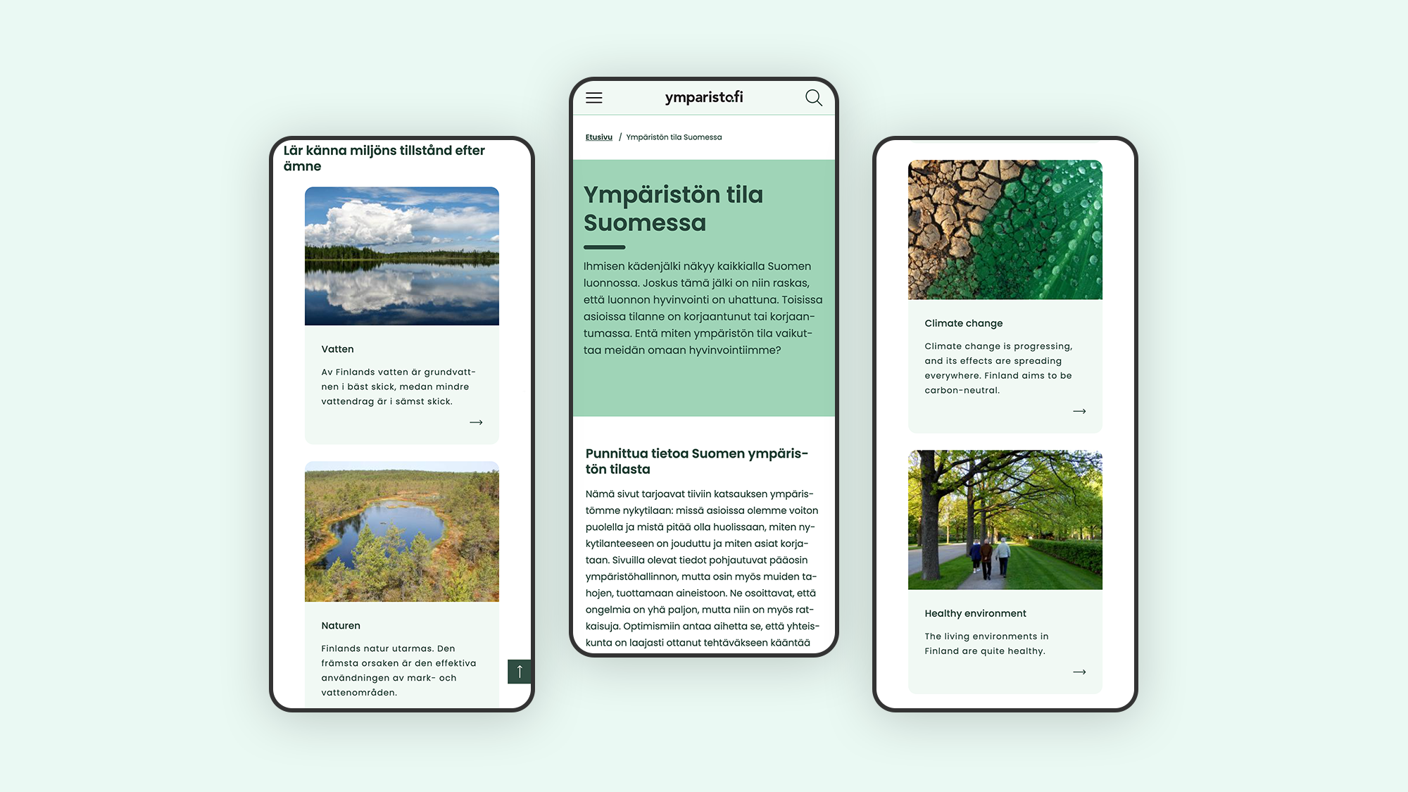 ympäristö.fi websites mobile version on different pages of the website
