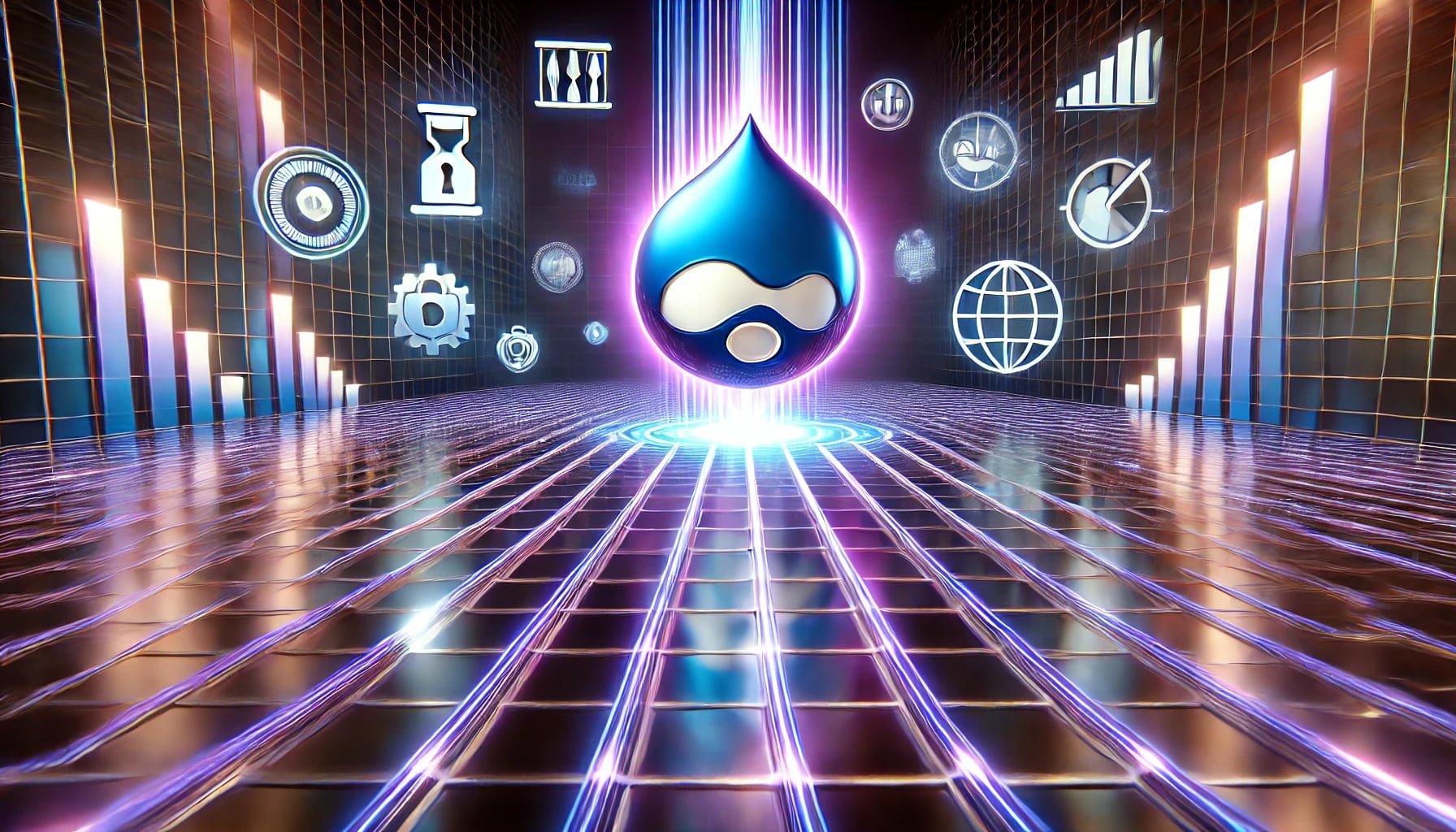 Drupal Droplet logo and icons representing data, security, dashboards and optimizing