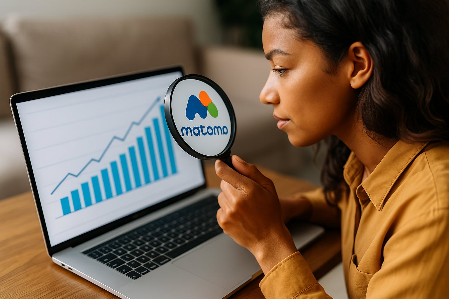 A person looking at a computer screen with a magnifying lens with a Matomo logo in it
