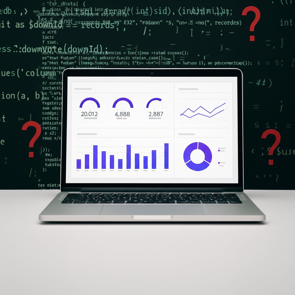 Uncomprehensible code in the background and laptop with easy to read dashboard in the center of the image